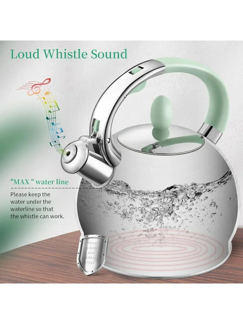Mint Green Whistling 2.64QT Stainless Steel with Cool Touch Handle Teakettle
